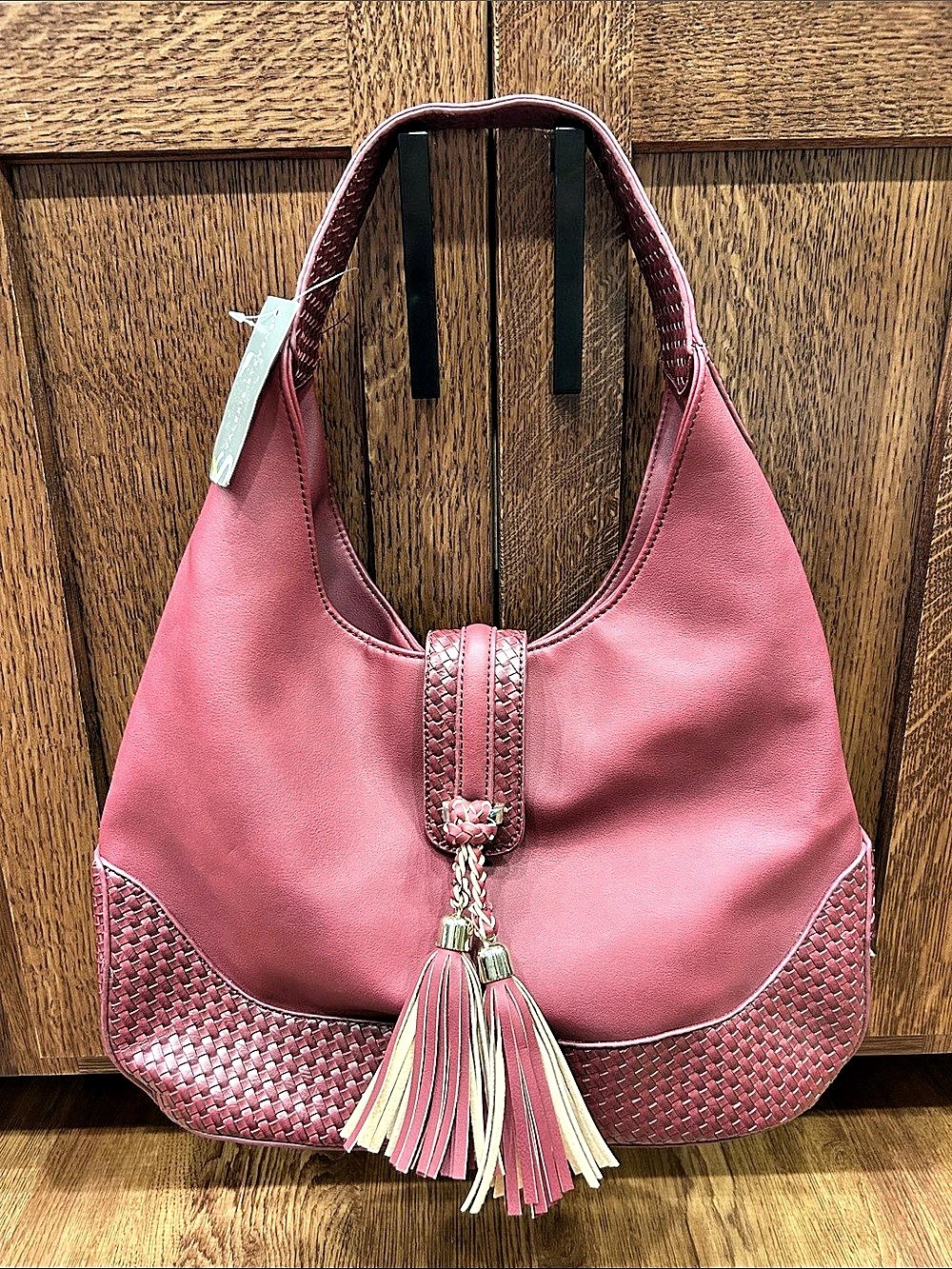Valerie Stevens Woven Tassel Hobo Bag in Berry NWT Maroon Burgundy